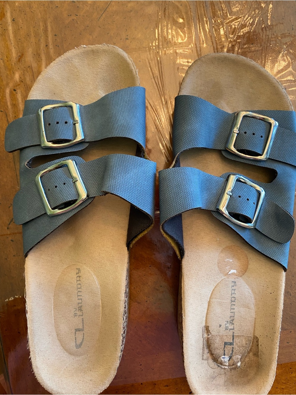 Women’s Double-Buckle Blue Slide Sandals